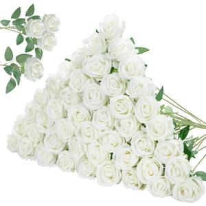 InnoGear 50 Pcs White Roses Artificial Flowers, Fake Velvet Silk Rose Bulk Faux Flower for Decoration DIY Wedding Centerpieces Proposal Bridal Bouquets Shower Party Home Floral Decor (50, White)