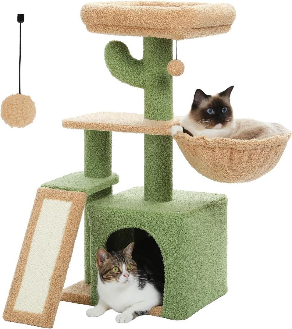 PETEPELA Cactus Cat Tree for Indoor Cats, 32'' Small Cat Tower Cat Condo with Sisal Scratching Ramp, Cozy Hammock and Removable Top Bed Perch for Kittens, Green