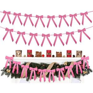 2 x Christmas Velvet Bows Garland, 10ft Pre-Strung Christmas Garland Banner with 15 Bows, Indoor Vintage Elegant Velvet Ornaments Home Decorations Decor for Tree Mantle Stair Party Wall Office, Pink