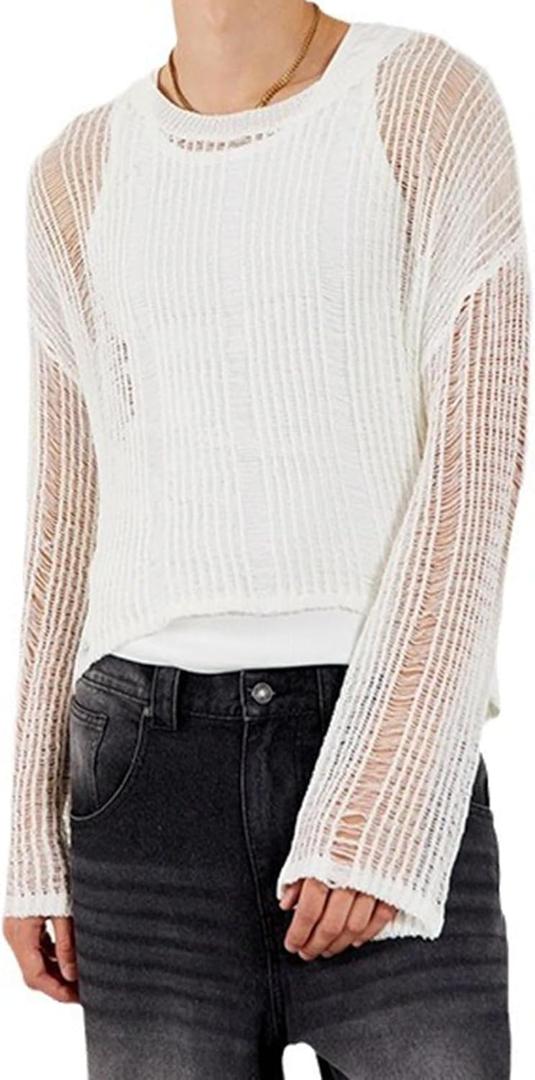 Evankin Men's Long Sleeve T-shirt Hollowed out Semi See Through Top Elastic Loose Knit Sweater Base Layer Bottom Underwear, S