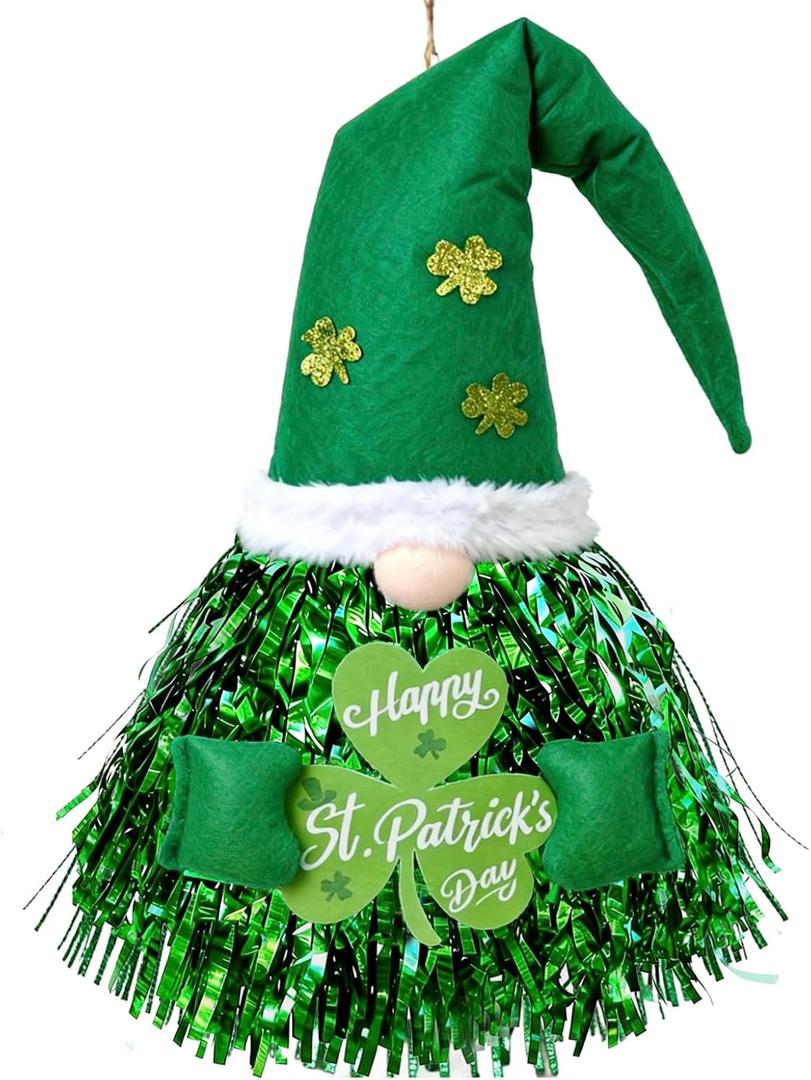 St Patrick's Day Wreath for Front Door, Tassel Shamrock Wreath Gnomes Door Decor, Green Foil Fringe St Patricks Day Gnomes Decorations, St. Patrick's Day Decor for Indoor Outdoor