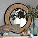 30'' Nautical Round Mirror, Black | Rattan & Metal Frame, Ship Rudder Design, Boho Coastal Wall Decor, , For Bathroom, Living Room, Dining Room, Entryway