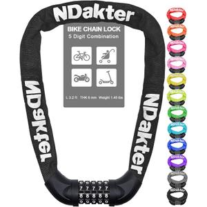 NDakter Bike Chain Lock, 5 Digit Combination Heavy Duty Anti Theft Bicycle Chain Lock,2.62/3.2/4.27/5/6Ft Long Security Resettable Bike Locks for Bike, Bicycle, Scooter, Door, Gate, Fence-4/6mm Thick (Black)