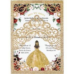 Hosmsua 50PCS Blank Gold Glitter Quinceanera Invitations Kit, 5.1x7.3 Inch Laser Cut Floral Crown Pocket Quinceanera Invitation Cards with Envelopes for Birthday Quince Anos Invite