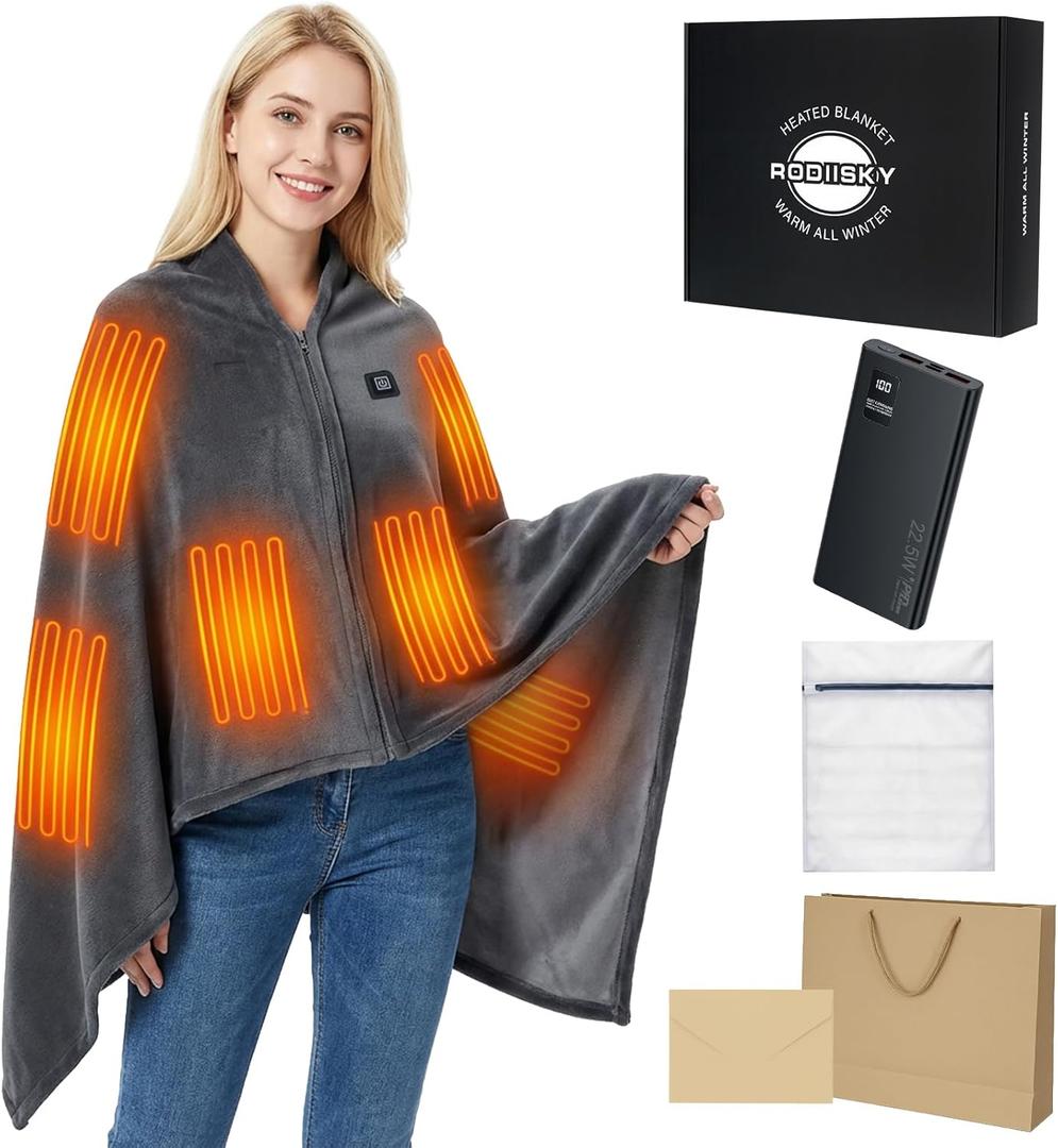 Cordless Heated Blanket, Machine Washable with Laundry Bag, 20000mAh Battery Powered Heating Throw with Power Bank, 3 Heating Levels, 59"x31.5" Portable Electric Blanket (Grey)