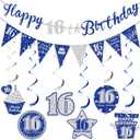 Blue & Silver 16th Birthday Banner - Happy Birthday Decorations for Men & Women - Triangle Flag Banner for Party Supplies