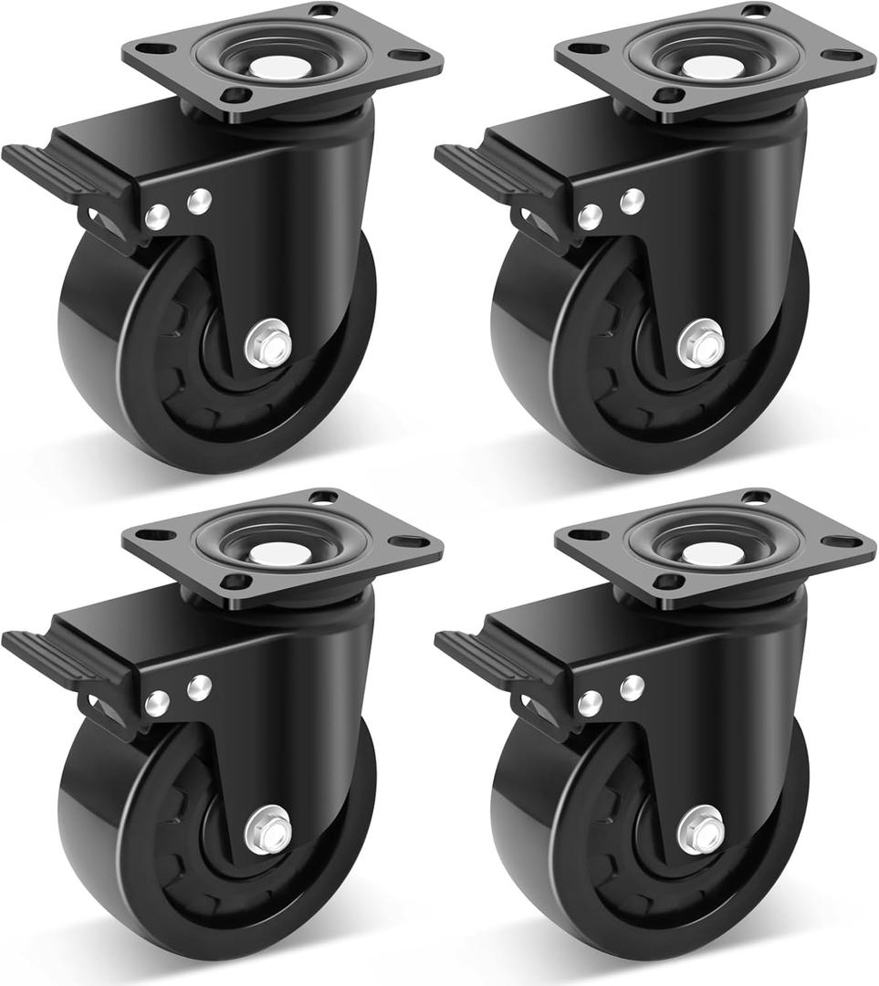 Nefish 5 Inch Heavy Duty Casters Set of 4, Industrial Grade Casters 9900 lbs, Low Gravity Plate Swivel Caster with Brake, Durable & Corrosion-Resistant Nylon Wheels for Industrial, Equipment, Machine, Black 
