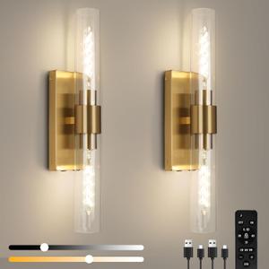 Battery Operated Wall Sconce Set of Two, Rechargeable Wall Sconce, Gold Wall Lamp with Remote Controls, Indoor Non-Hardwired Bedside Wall Sconces, Gold Vanity Light for Bedroom, Hallway, etc (20.66 IN - Gold)