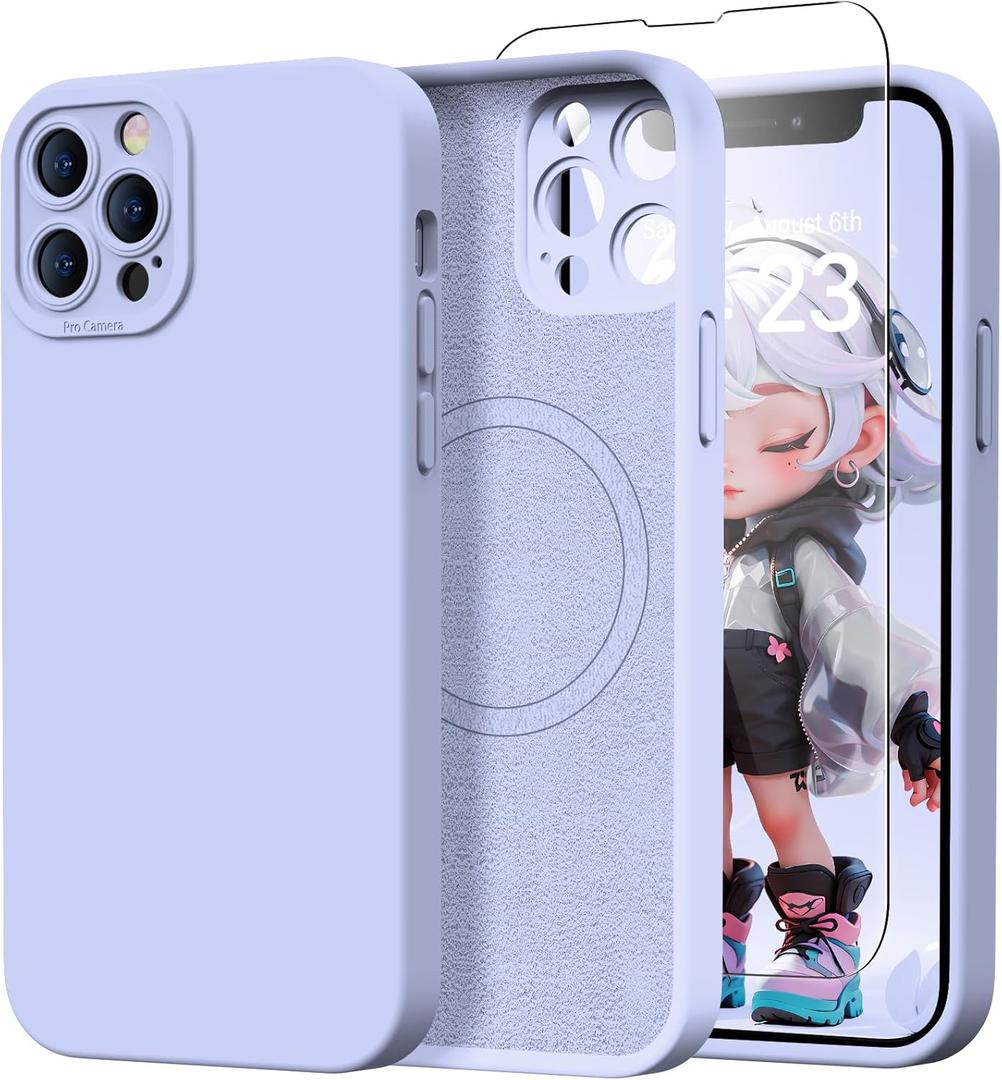 Magnetic for iPhone 13 Pro Case with Screen Protector - Compatible with MagSafe - Upgraded Camera Protection - Silicone Shockproof Protective Phone Case 6.1" for Women Girls - Lavender Purple