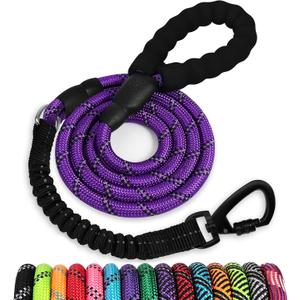 Rope Dog Leash 6 FT: Heavy Duty Leashes with Swivel Lockable Hook Reflective Threads Bungee and Padded Handle - Dog Lead for Small Medium Dogs Outside Walking Hiking Purple (6ft*1/2'')