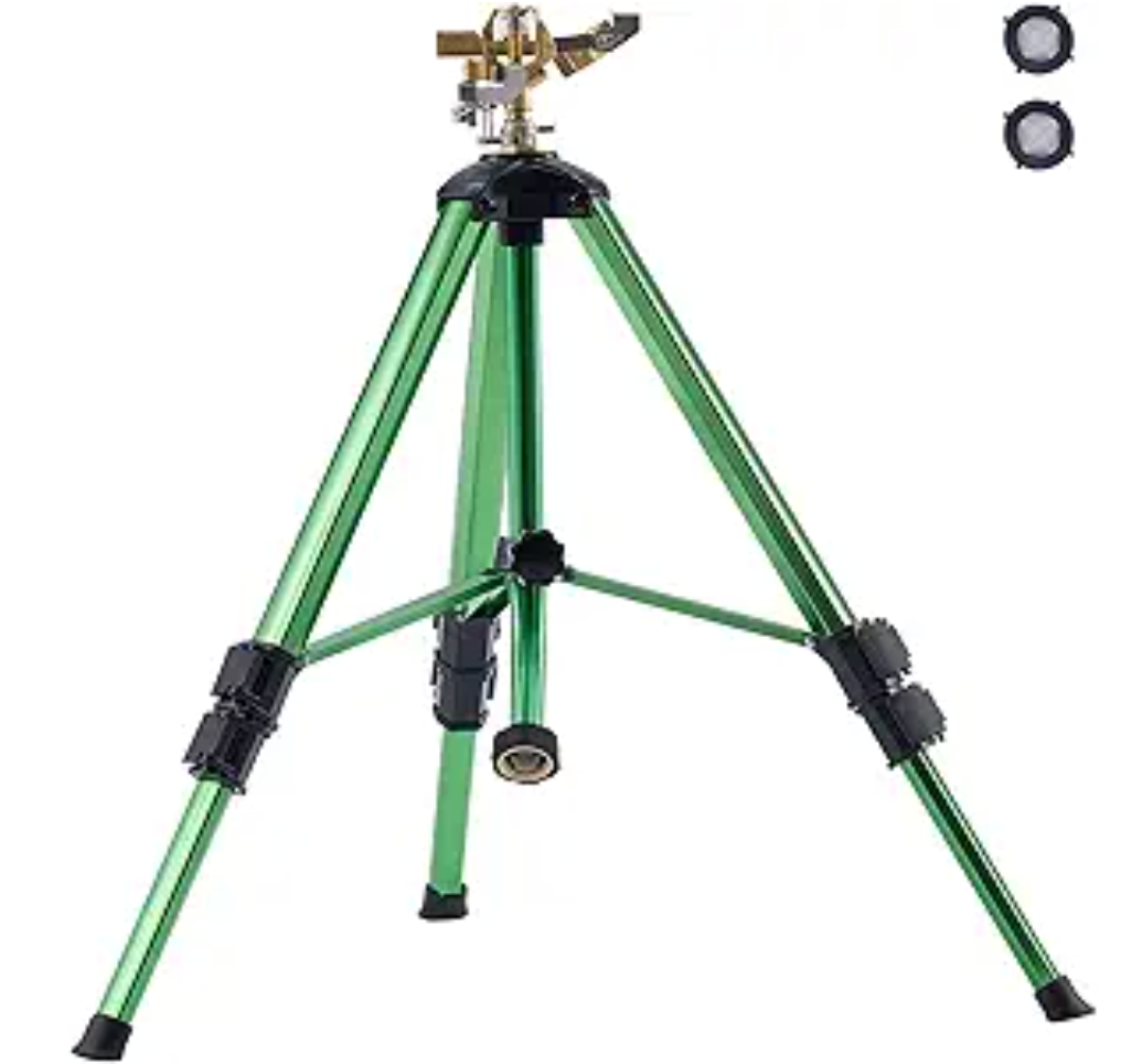 Impact Sprinkler on Tripod Base, Heavy Duty Tripod Sprinklers with Brass Head & 3/4" Connector, 360 Degree Large Area Coverage Irrigation Sprinkler, Adjustable Heights, for Yard Green, 37"