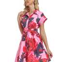 Rseoutlh Women's Button Down Shirt Dress Floral Printed V-Neck Turn Down Short Sleeve Mini Casual Trench Coat Formal Red