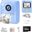 Instant Print Camera for Kids, 1080P Video Camera with 3 Print Rolls, 32GB Card & Cute Cover, Gift for Girls Boys Age 3-12, Toddler Digital Camera with Games, Filters, Music Blue