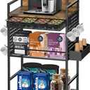 Compact Coffee Bar Cabinet with Power Outlet, Lockable Wheels, and Storage Drawer - Rustic Brown & Black for Office, Living Room, or Small Spaces