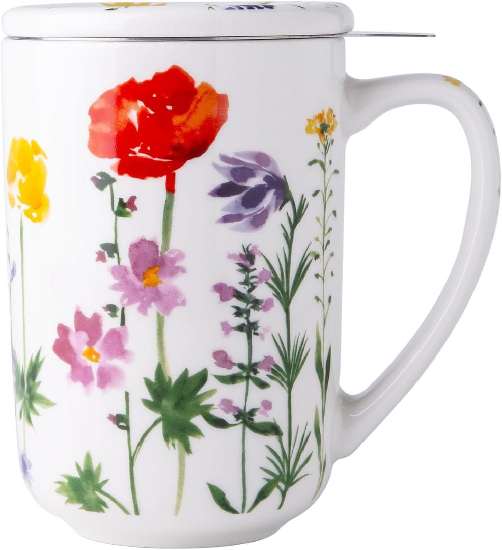AmorArc Porcelain Tea Mug with Infuser and Lids, 18 Oz Coffee Cup Strainer with Bag Holder for Loose Leaf Tea, Tea Steeping Coffee Mug for House-warming Wedding Birthday Gift (Wild Flowers)