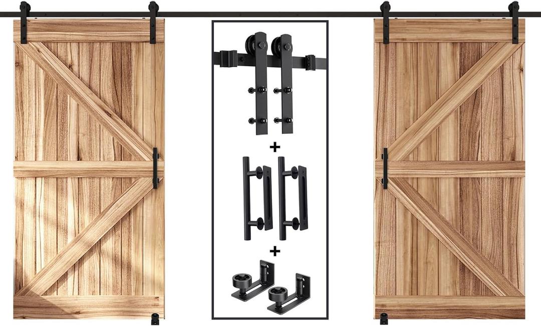 EaseLife 16 FT Double Sliding Barn Door Track and Handle Hardware Kit, Straight Pulley,Slide Smoothly Quietly,Easy Install (16FT Track Kit for 44"~48" Wide Double Door)