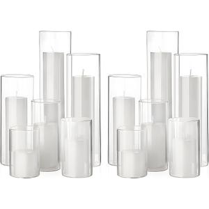 Shihanee Set of 12 Pillar Candles and Glass Cylinder Vases Assorted Sizes Cylinder Holders for Pillar Candles Home Table Centerpieces Wedding Party Decorations (White)