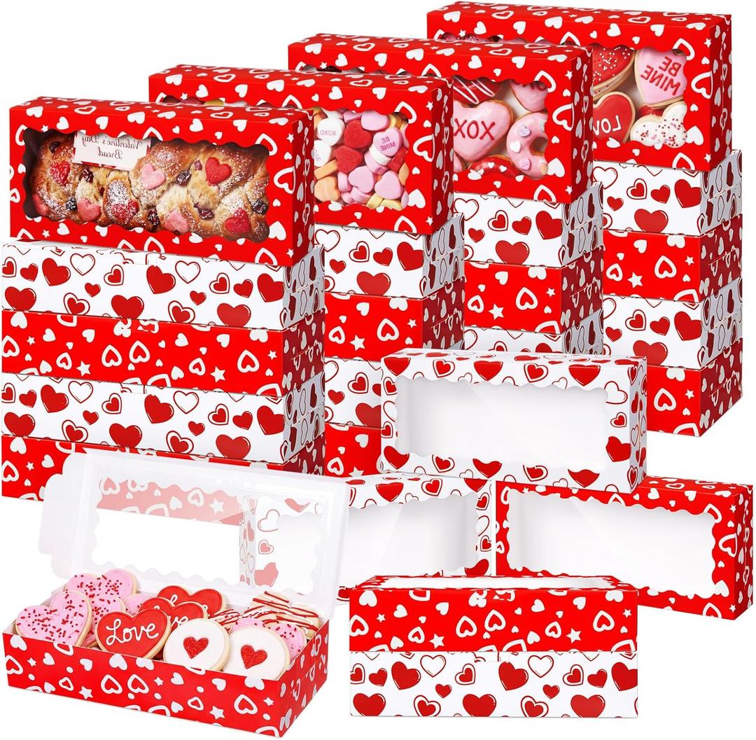 Tenceur 100 Pieces Valentine's Day Cookie Boxes with Window & Lid 12.5 x 5.5 x 2.5 Inch Red and White heart Bakery Boxes Valentine's Day Candy Treat Food Container for Xmas Gift Wrapping Party Favor