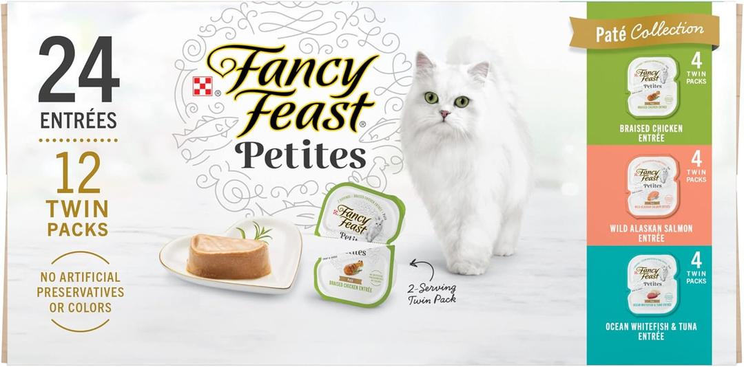 Purina Fancy Feast Gourmet Wet Cat Food Variety Pack, Petites Pate Collection, break-apart tubs, 24 servings - (Pack of 12) 2.8 oz. Tubs, Best By: 09/26