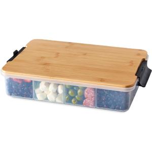 Farberware Build Snacklebox Serving Tray with Locking Bamboo Cutting Board Lid, Portable Storage Container with Compartments for Charcuterie, and More, Natural (Black)