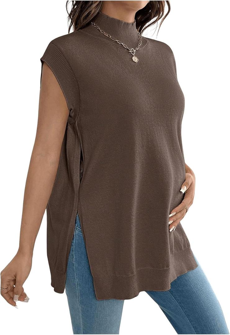 MakeMeChic Women's Maternity Turtleneck Sweater Vest Tops Mock Neck Sleeveless Slit Hem Pregnancy Knit Sweater (Brown)