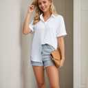 YAMANMAN Women's Button Down Shirt Work Short Sleeve Collared Blouse Classic Loose Tops Office Chiffon Blouse (White, M)