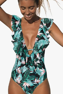 SPORLIKE Women One Piece Swimsuit V-Neck Ruffle Bathing Suit Padded Monokini (Large, Solid Black)
