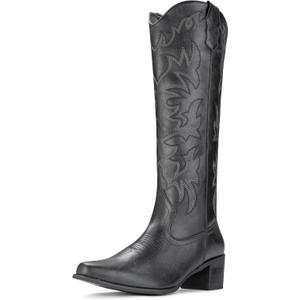 IUV Cowboy Boots For Women Knee High Western Cowgirl Boots Snip Toe Side Zipper Chunky Heel (9, Black)