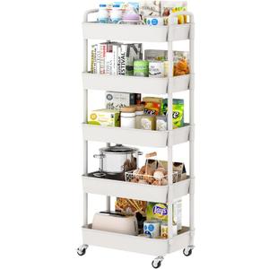Sywhitta 5-Tier Plastic Rolling Utility Cart with Handle, Multi-Functional Storage Trolley for Office, Living Room, Kitchen, Movable Storage Organizer with Wheels, White