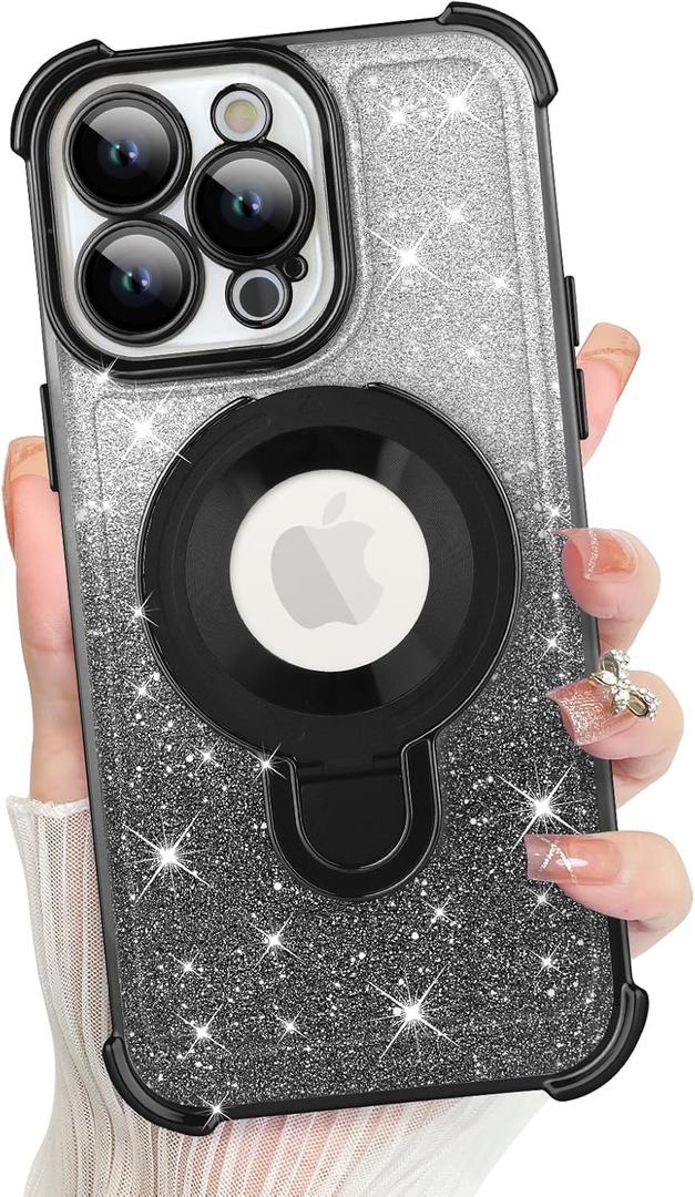 KANGHAR for iPhone 13 Pro Max Case, Support for MagSafe [Four Corner Cushion Series] Kickstand Electroplate Edge Shockproof Durable Full Body Protection for Girls Women -Black