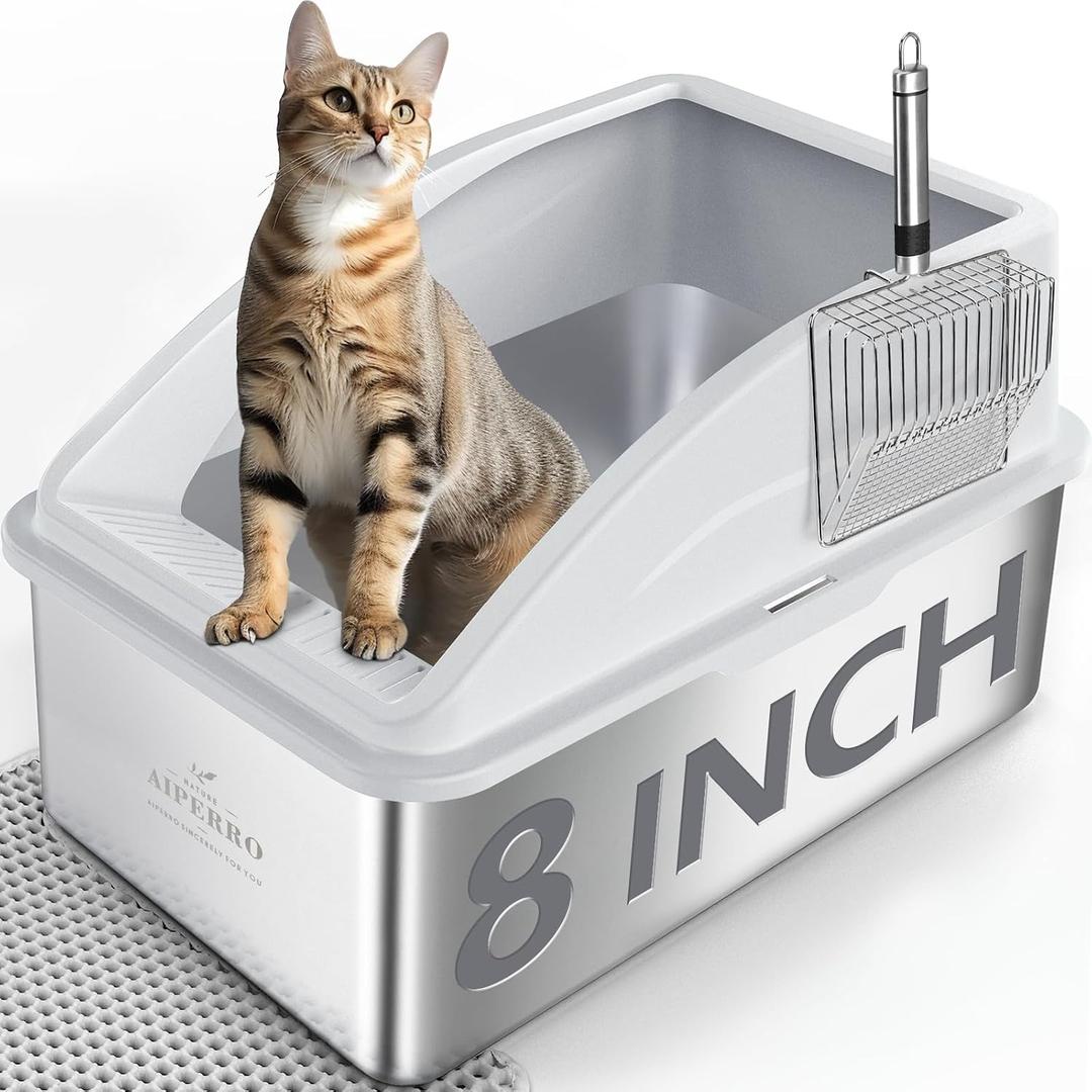 Stainless Steel Litter Box | XXL Deepened 8" Design Enclosed Box with Lid for Big Cats | High Sided, Anti-Urine Leakage | Non-Stick Bottom & Includes Litter Mat & Metal Scoop