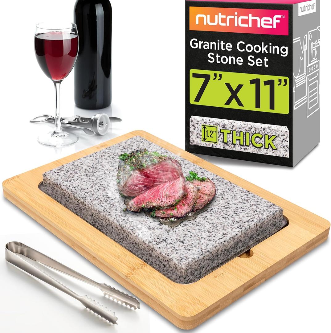 NutriChef Sizzle Hot Cooking Stone Grill with Bamboo Platter, Tabletop Granite Stone Grill with Non-Slip Handles, Adjustable Temperature Control, 550F Max Heat - Perfect for Meats and Vegetables