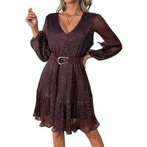 Woman Shiny Threads Dress Long Sleeve Lined with Belt V Neck Mini Pleated Dress (hongse, S) Red