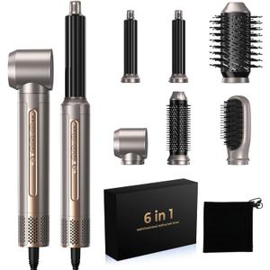 Hair Dryer Brush,Blow Dryer Brush with Attachments,110000 RPM Curly Twist 6 in 1 Air Style, Professional Ionic Hair Styling Tool, Left & Right Air Curler, Volumizer (Gray Silver)