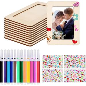 Zjdbset Picture Frame Painting Craft Kit for 4 * 6 Photo,10Pcs DIY Unfinished Wooden Picture Frames with 12Pcs Painting Color Pen 4 Sheets Crystal Diamond Stickers for DIY Craft