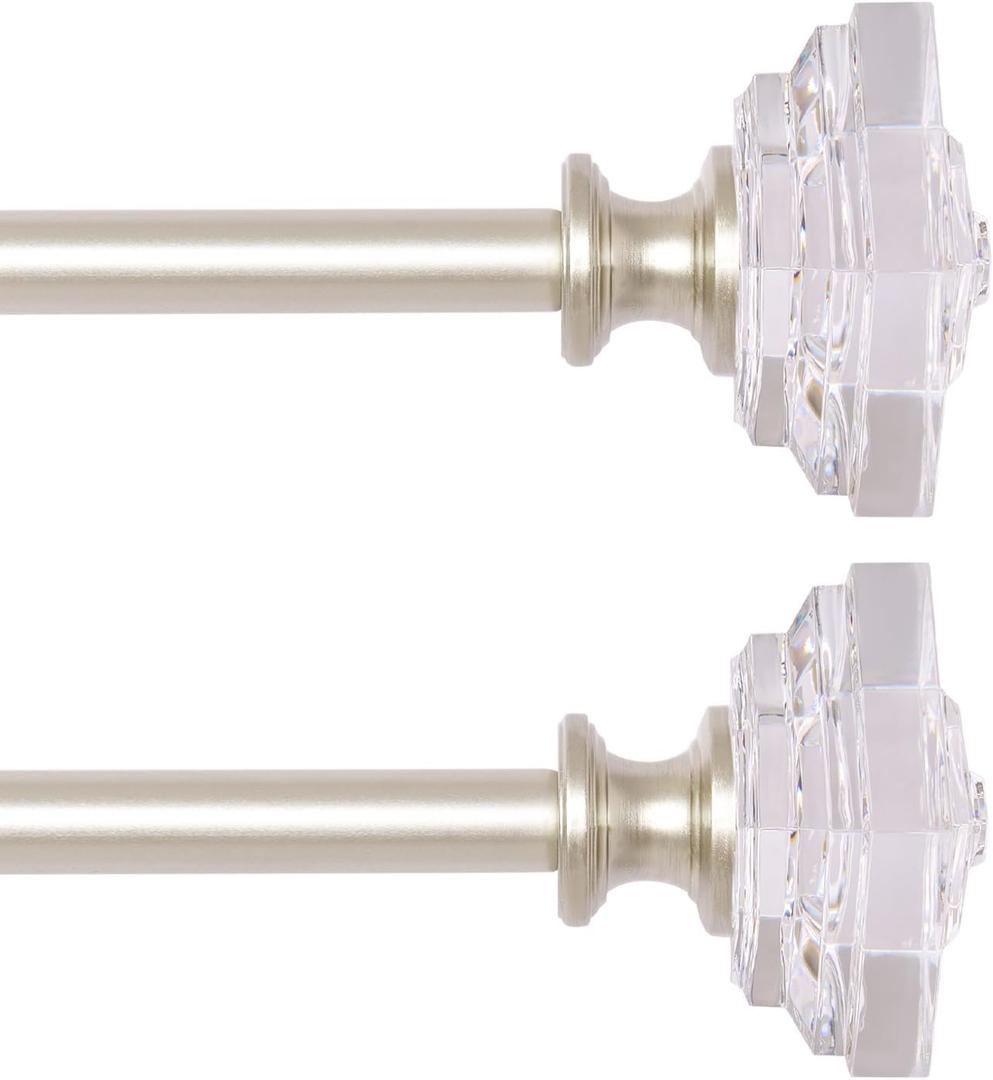 2 Pack Curtain Drapery RodAcrylic Square Finials Curtain Rod 3/4" Diameter Single Decorative Curtain Rod, Adjustable Length from 28 to 48 Inches Nickel