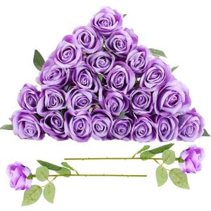 24 Pcs Lavender Rose Artificial Flowers with Long Stem Real Touch Silk Plastic Bouquet Purple Roses Bulk for Wedding Party Table Centerpieces Festival Decorations