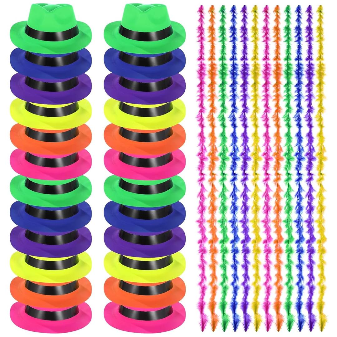 48 Pcs Neon Party Supplies Set, Including 24 Gangster Hats 11.4x9.4x3.5 in & 24 Pcs 6.6 ft Turkey Feather Boas, Assorted Colors, Classic Retro Style for Halloween Party
