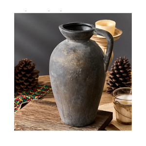 Antique Rustic Ceramic Vase, 9.3 Inch Tall Large Terracotta Vase with Handle, Vintage Farmhouse Pottery Vase for Home Decor, Living Room, Entryway, Wedding, Thanksgiving - Black Bronze