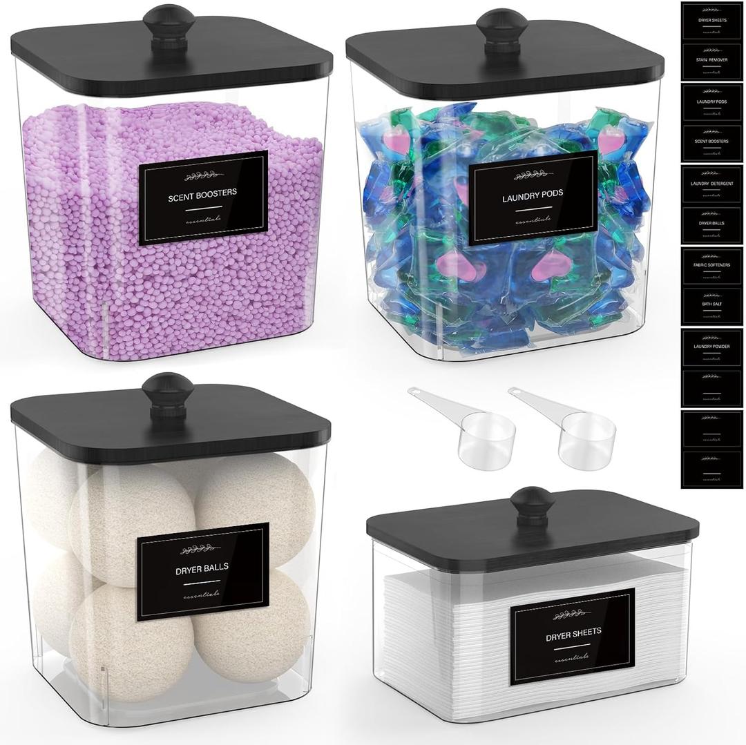 3+1 Pack Clear Laundry Pods Container & Dryer Sheet Holder, Plastic Square Laundry Room Organization and Storage Jars with Black Lids, Scoops & Labels for Detergent, Powder, Dryer Balls