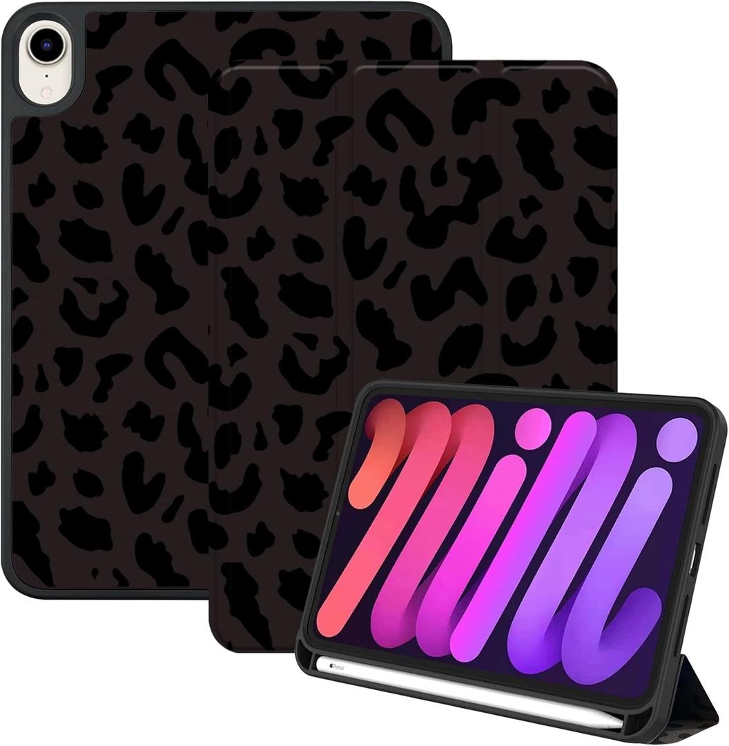 Compatible with iPad mini 7 Case(A17 Pro) 2024/mini 6 Case 8.3 Inch 2021,Pencil Holder Soft Back Auto Sleep/Wake Cover Women Men Girls Cute-Black Leopard Cheetah (Black Purple)