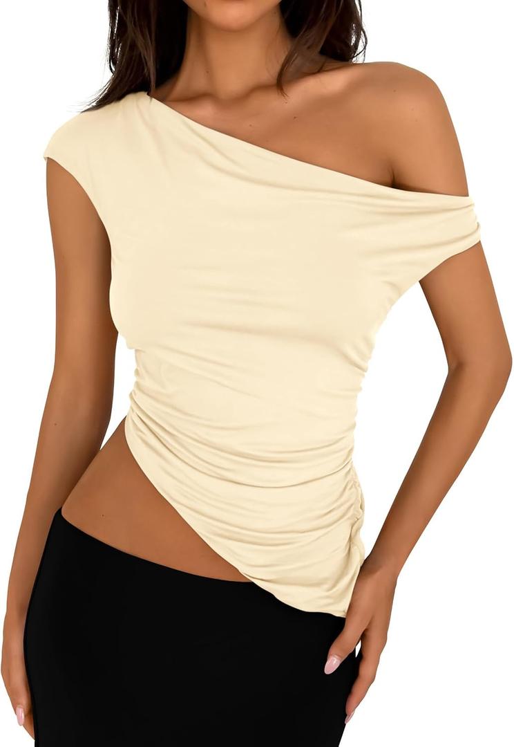 PRETTYGARDEN Womens Off The Shoulder Y2K Tops 2026 Summer Sleeveless Asymmetrical Ruched Going Out Tank Top Fashion Clothing (S)