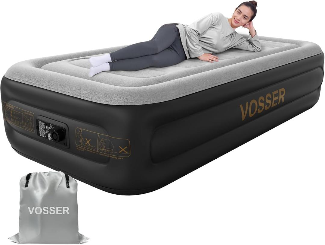 Twin Air Mattress with Built in Pump,18''Inflatable Mattress 2 Mins Self-Inflation/Deflation, XL-Long Blow up Mattress Thicker, Flocked Top Air Bed with Storage Bag for Home, Camping & Guests (Grey)