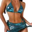 WDIRARA Women's 3 Piece Metallic Swimsuits Halter Triangle String Bikini Set with Beach Skirt (Medium) Metallic Blue