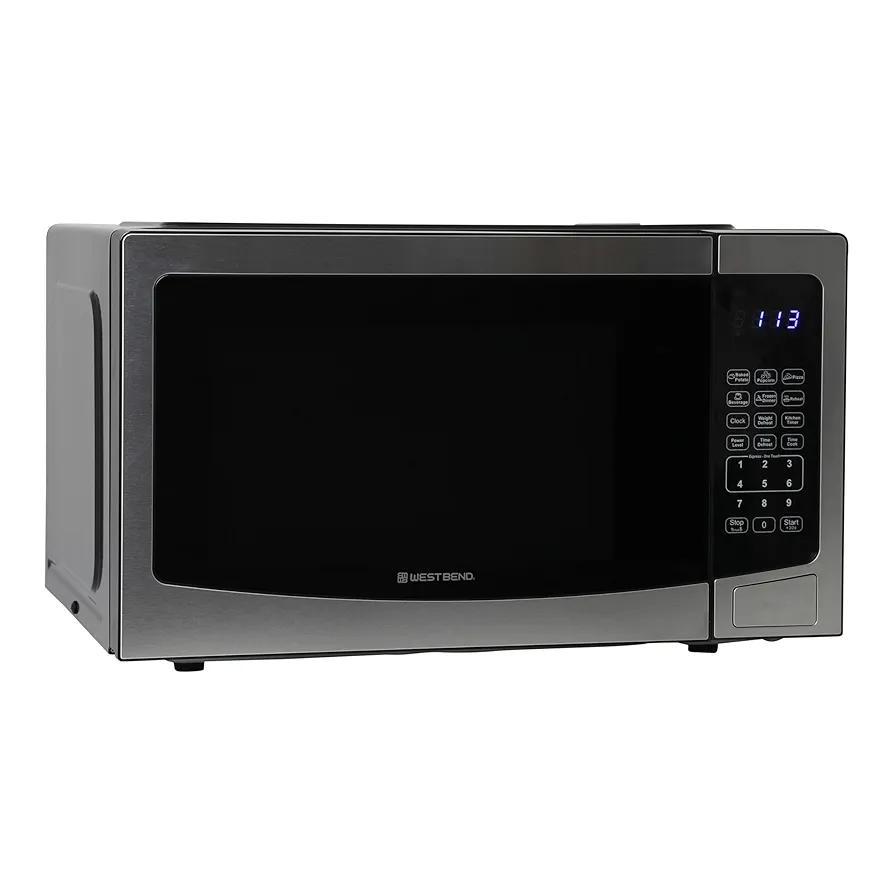 West Bend WBMW110S Microwave Oven 1000-Watts Compact with 6 Pre Cooking Settings, Time and Weight Defrost, Electronic Control Panel and Glass Turntable, Metallic