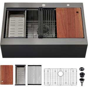 33x22 Inch Black Drop In Farmhouse Sink, 33 Inch Gunmetal Black Top Mount Farmhouse Kitchen Single Bowl Topmount Apron Front Farm Workstation Stainless Steel Sink