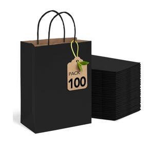 MESHA 100 Pack Black Gift Bags 8x4.25x10.5 Inch Kraft Paper Bags with Handles Bulk Craft Bag Medium Size for Wending Birthday Party Favor Retail Merchandise Bag