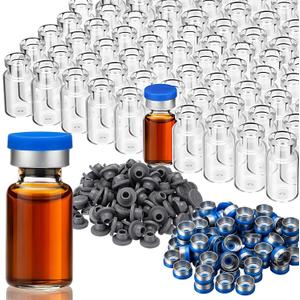 200 Pack 2ml Glass Vials Clear Glass Empty Vials for Injection with Plastic-aluminum Flip Caps and Rubber Injection Stoppers Flat Bottom Lab Vial (Blue Lid)
