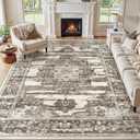 Washable 8x10 Area Rug for Living Room & Dining Room - Large Vintage Soft Carpet with Non-Slip Backing, Stain Resistant Low-Pile Indoor Rug for Home Office, Kid & Pet Friendly- Dark Brown