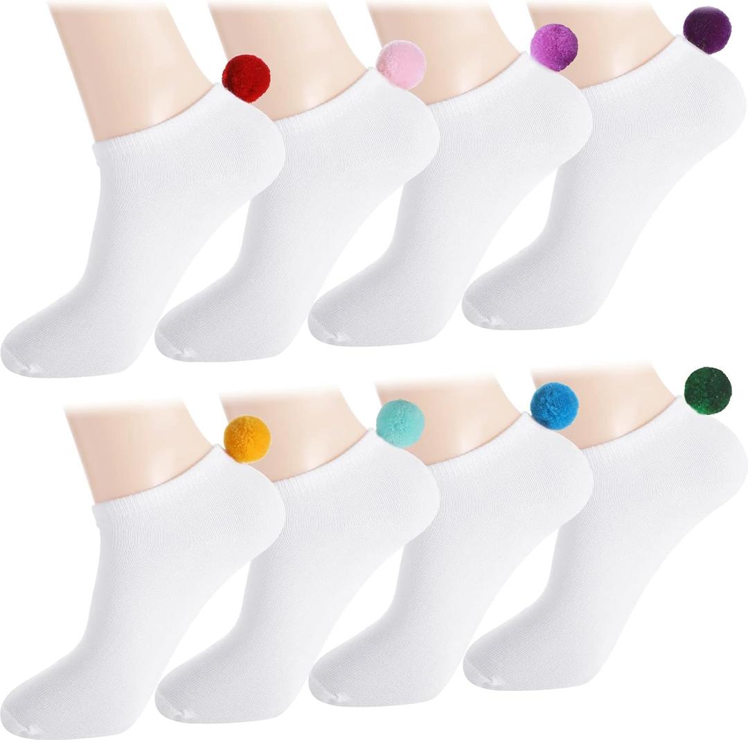 Vicenpal 8 Pairs Women Pom Pom Socks Ankle with Balls on the Back Cosplay Seamless Socks (Cute Colors)